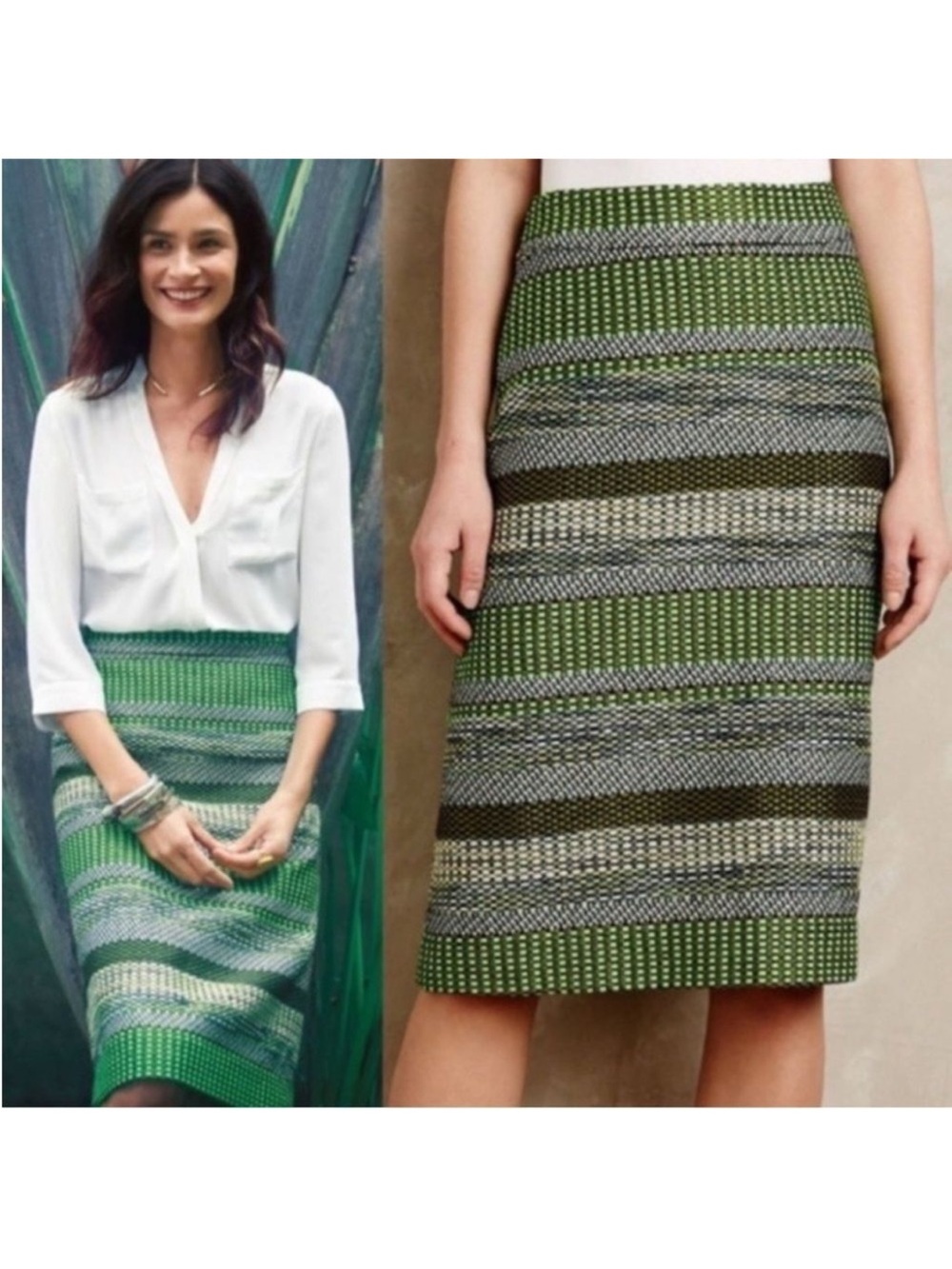Anthropologie 14 LEIFSDOTTIR Jade Green Tweed Striped Pencil Knee length Skirt